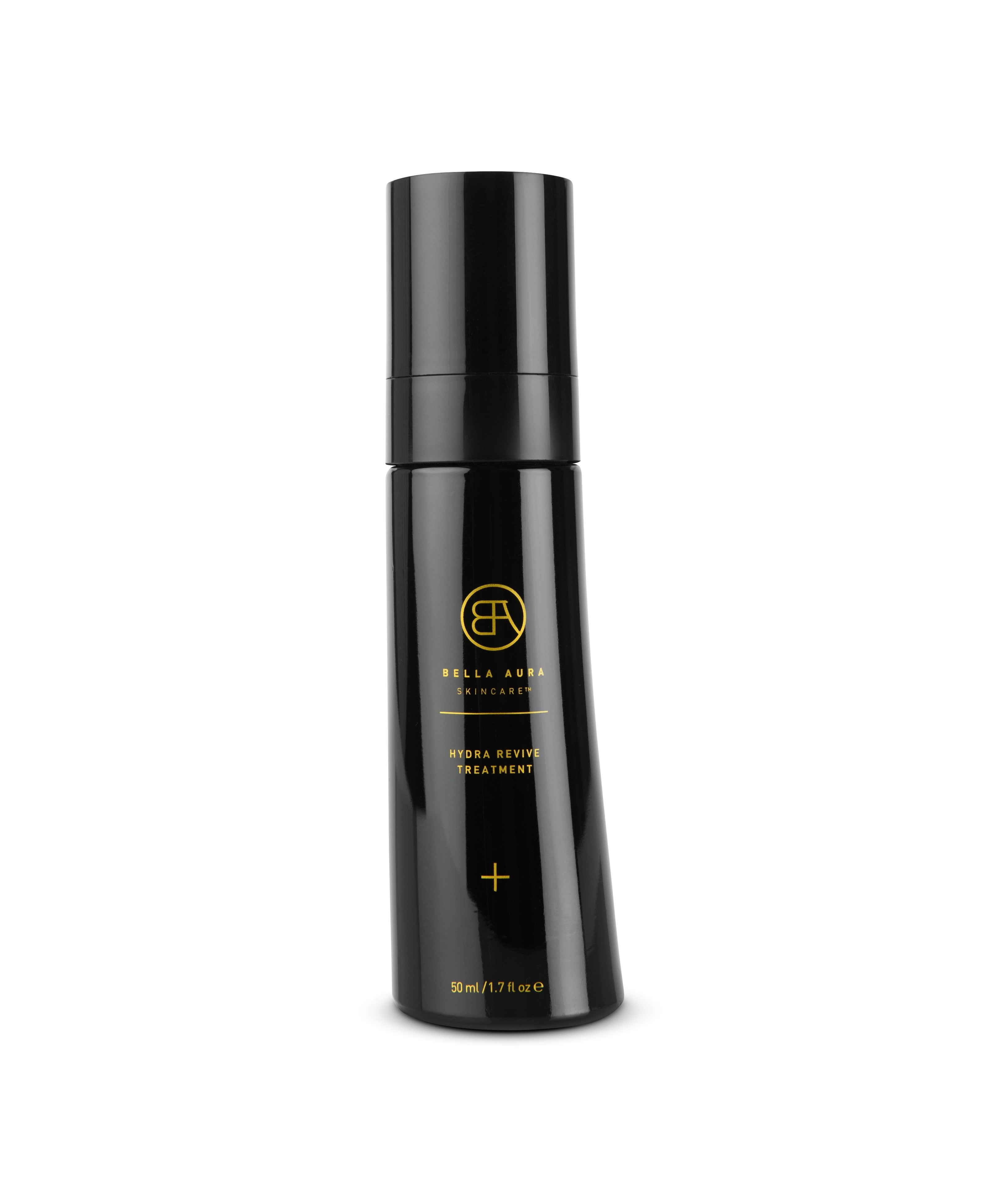 Black skincare bottle with brand logo on a white background