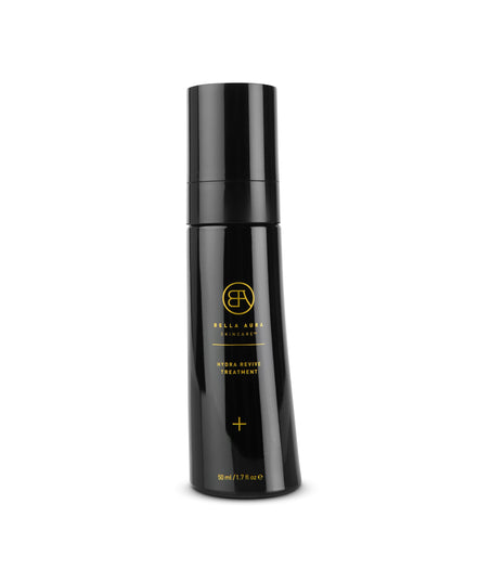 Black skincare bottle with brand logo on a white background