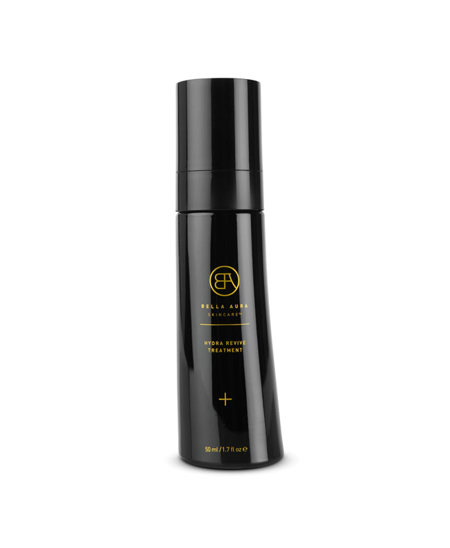 Black skincare bottle with brand logo on a white background