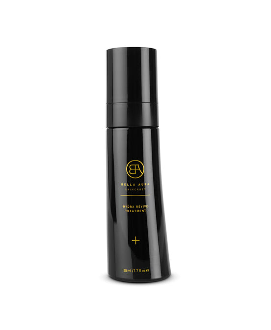 Black skincare bottle with brand logo on a white background