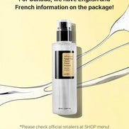 Cosrx bottle with text about language options on a yellow background