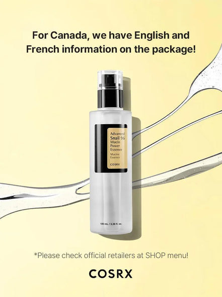 Cosrx bottle with text about language options on a yellow background