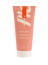 Pink tube of body lotion with white text on a white background