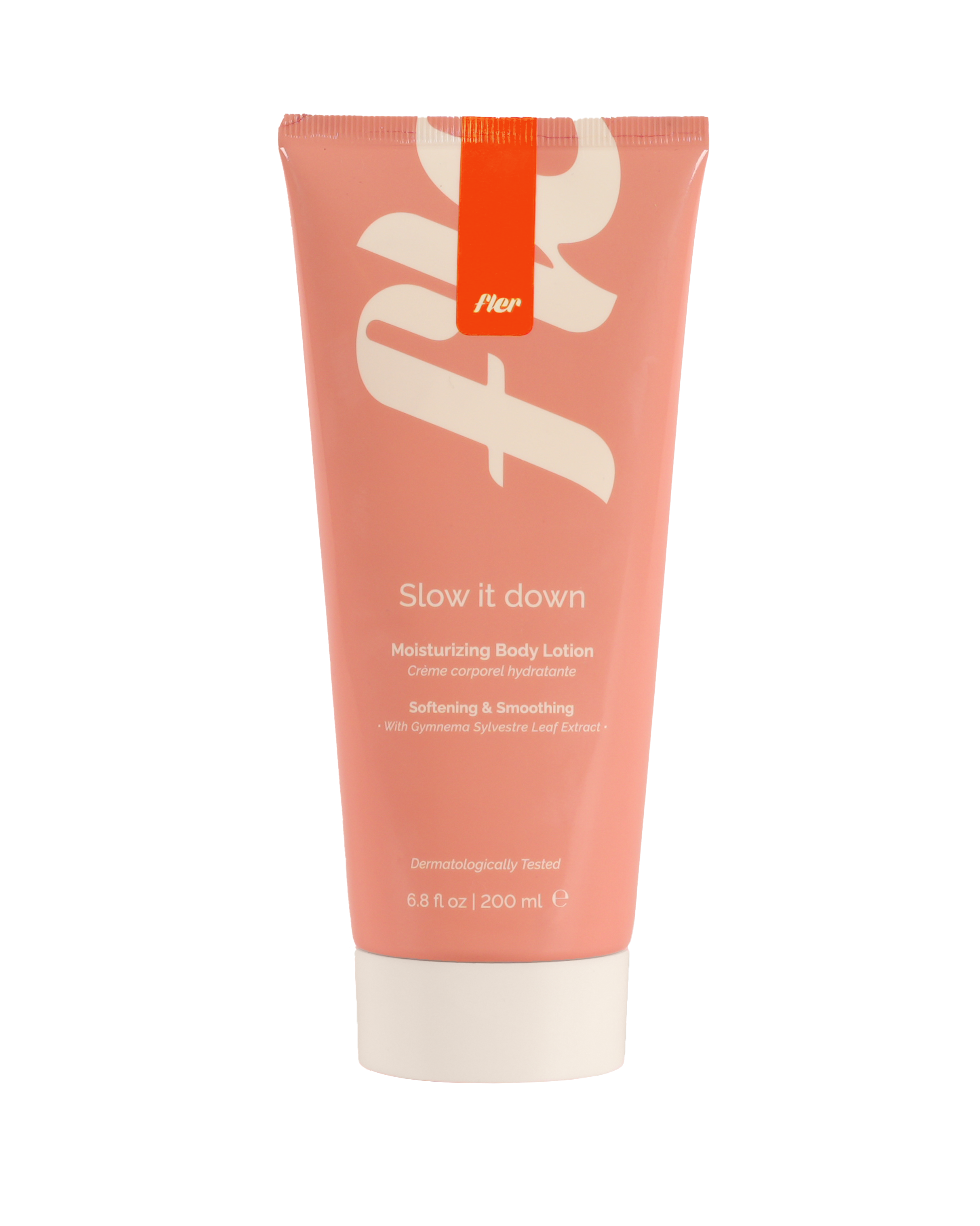 Pink tube of body lotion with white text on a white background