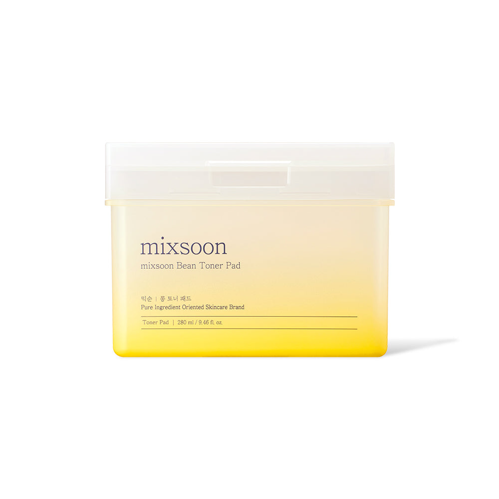 Pack of mixsoon toner pads with a gradient yellow to white design on a white background