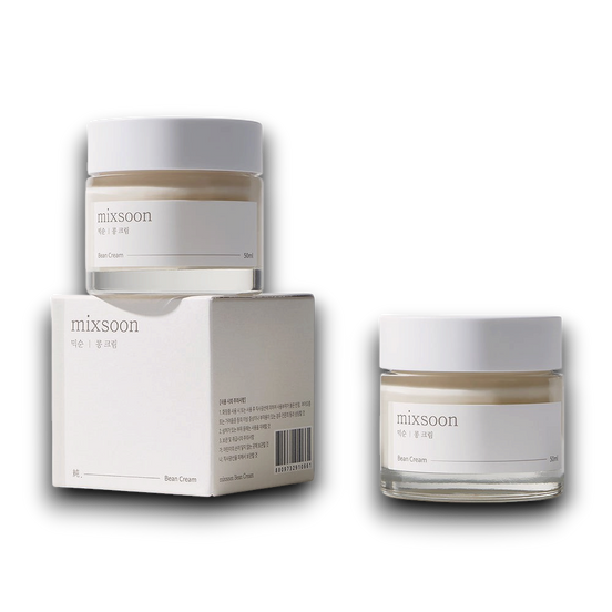 Two jars of 'mixsoon' cream and its packaging on a light gray background