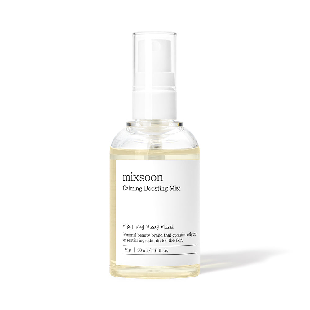 Clear spray bottle labeled 'mixsoon Calming Boosting Mist' on a white background