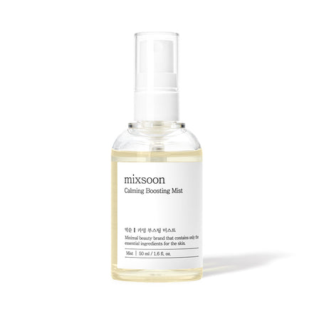 Clear spray bottle labeled 'mixsoon Calming Boosting Mist' on a white background