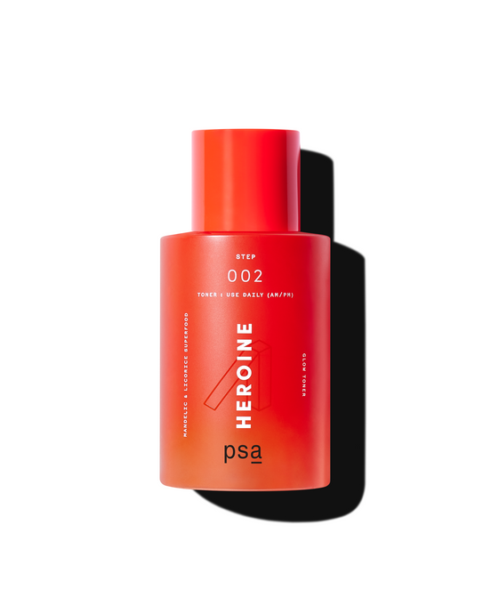 Red bottle labeled 'Heroine' by 'psa' on a white background