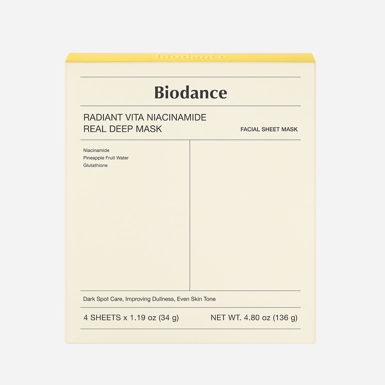 Biodance Radiant Vita Niacinamide Real Deep Mask packaging on a white background