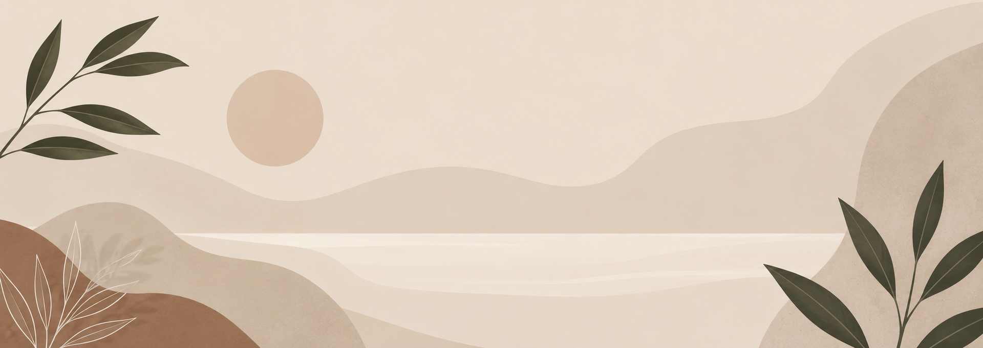 Simplified landscape design with wavy lines, leaves, and a sun on a beige background