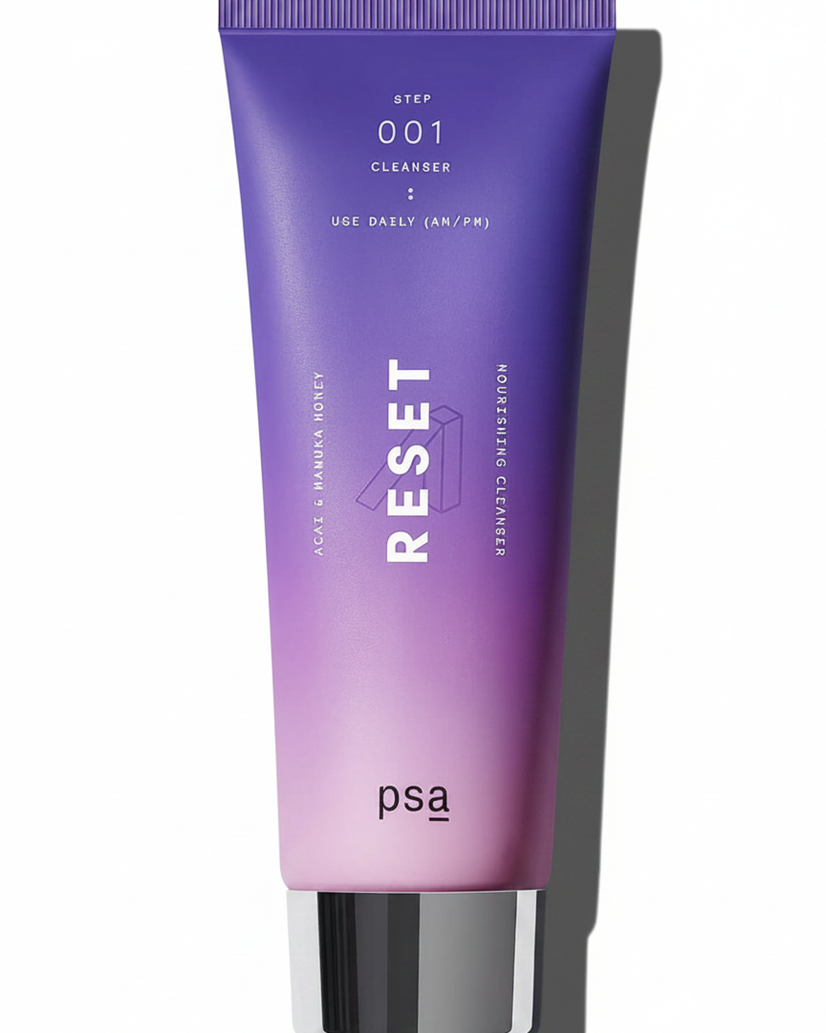 Purple and pink tube of skincare product labeled 'Reset' with 'psa' branding on a white background.