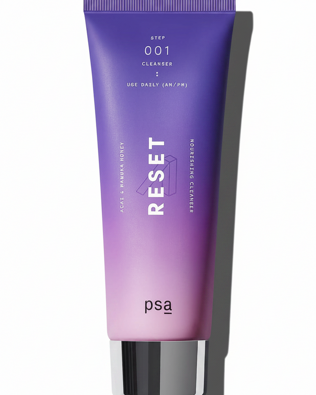 Purple and pink tube of skincare product labeled 'Reset' with 'psa' branding on a white background.