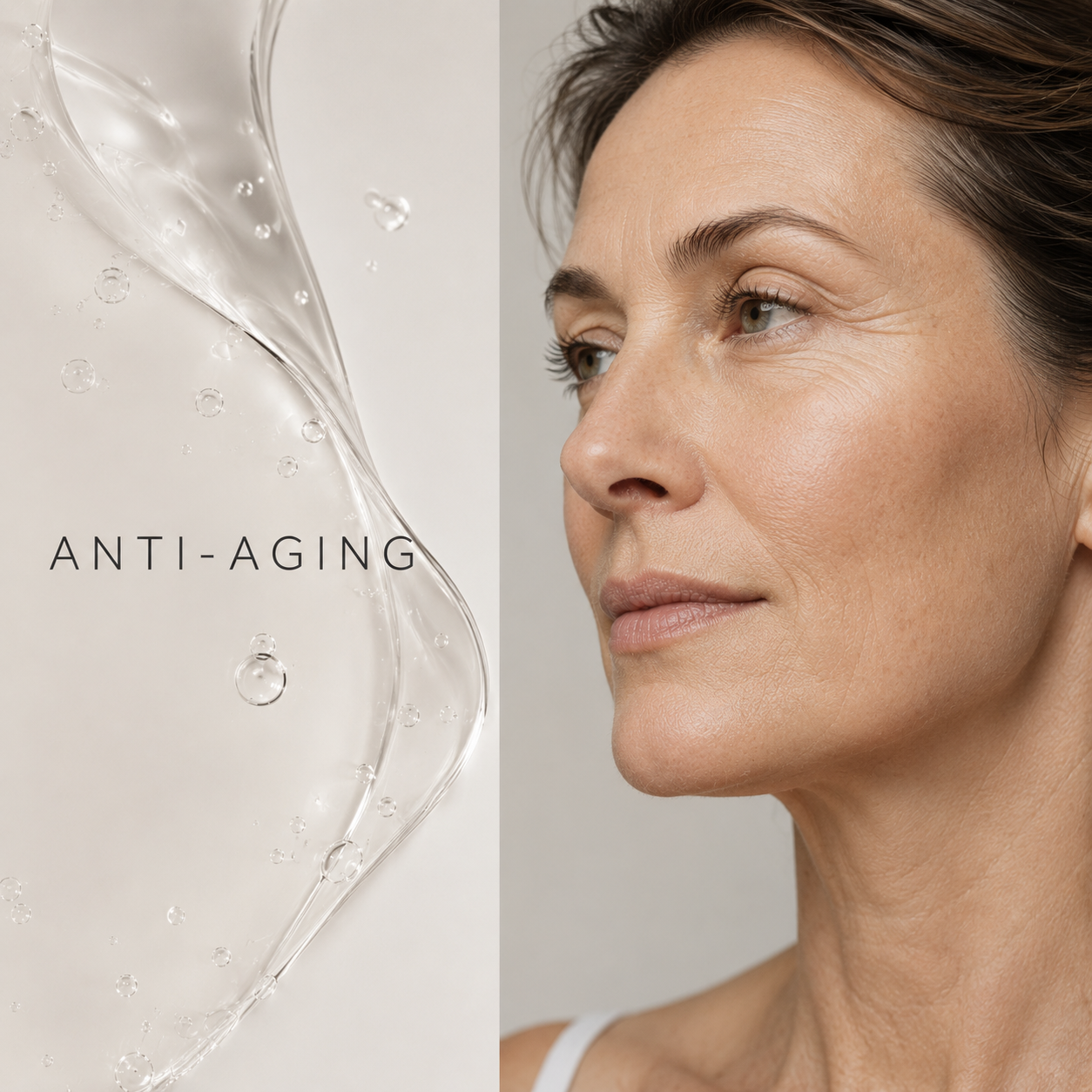 Woman's face with anti-aging text and skincare product on a light background