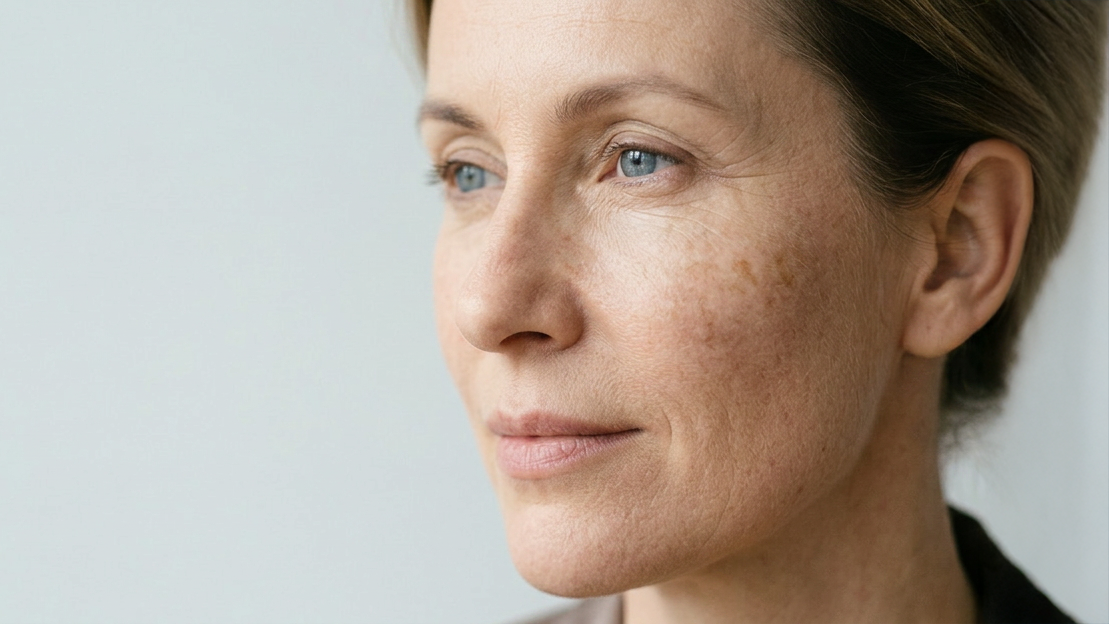 Close-up of a woman's face with a neutral expression on a light background