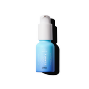 Blue serum bottle with white cap on a white background