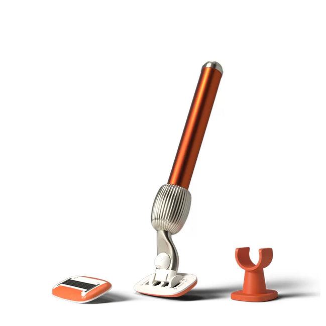 Multifunctional cleaning tool with a metallic handle and attachments on a white background