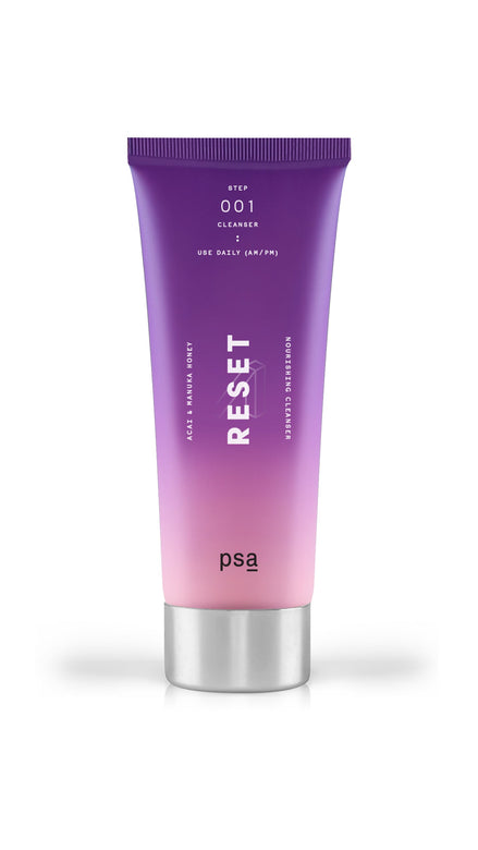 Purple and pink tube labeled 'RESET' with 'psa' branding on a white background