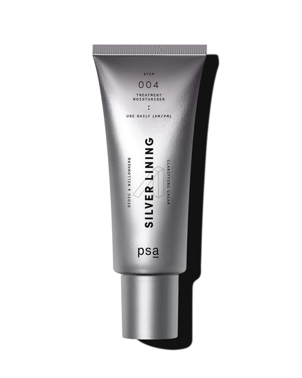 Silver tube of 'Silver Lining' product on a white background